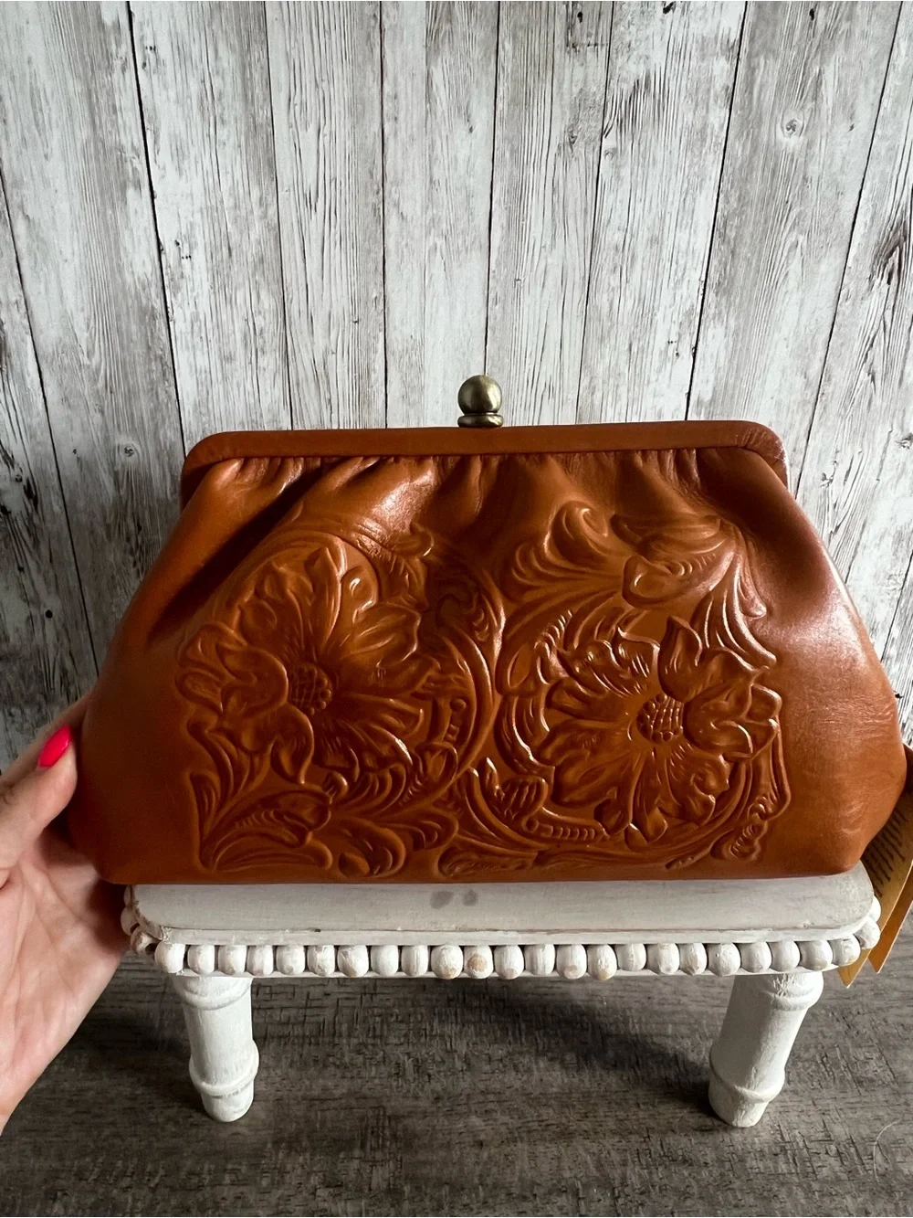Patricia Nash Embossed Floral Kiss-Lock Clutch - Cognac Brown NEW